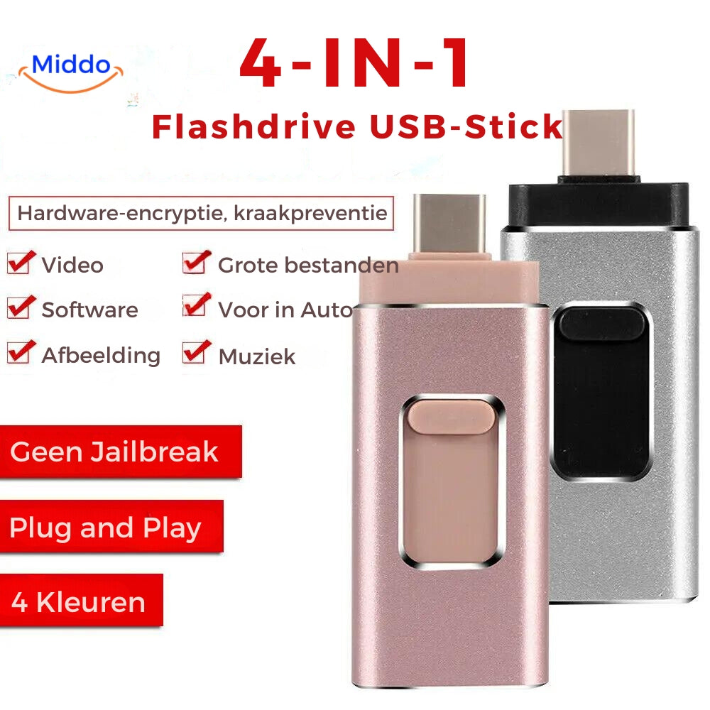 Telefoon vol? Los het op met de 4-in-1 Flashdrive (Elk Apparaat: USB-C, Lightning, USB-A & Micro-USB)