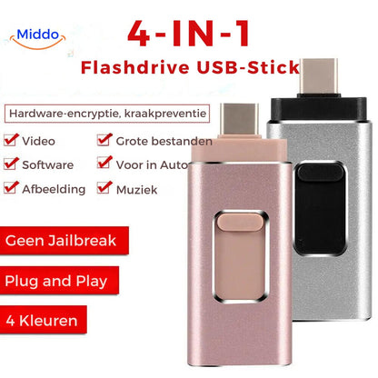 Telefoon vol? Los het op met de 4-in-1 Flashdrive (Elk Apparaat: USB-C, Lightning, USB-A & Micro-USB)