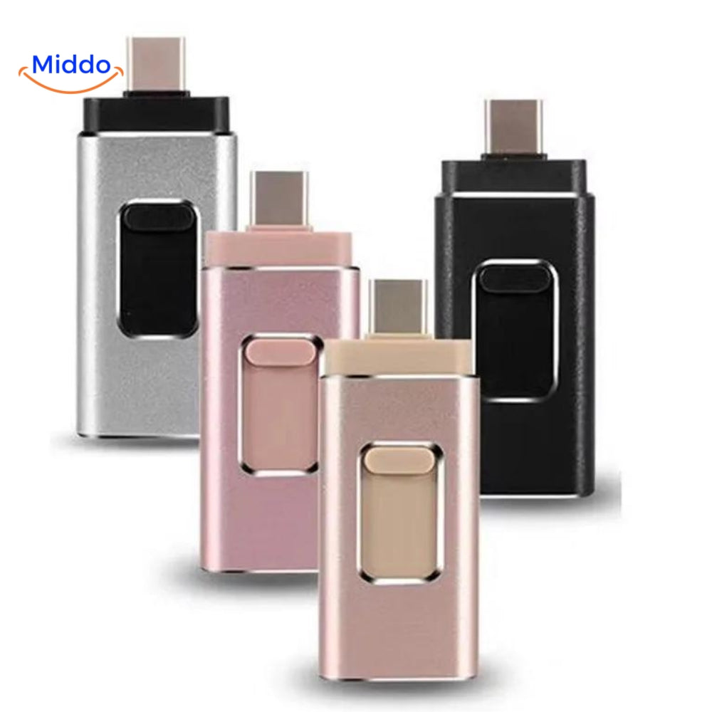 Telefoon vol? Los het op met de 4-in-1 Flashdrive (Elk Apparaat: USB-C, Lightning, USB-A & Micro-USB)