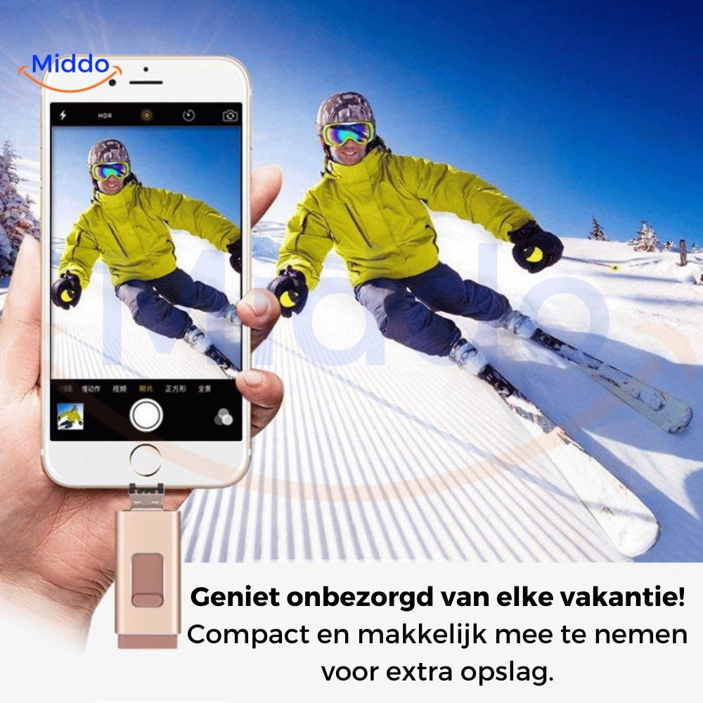 Telefoon vol? Los het op met de 4-in-1 Flashdrive (Elk Apparaat: USB-C, Lightning, USB-A & Micro-USB)