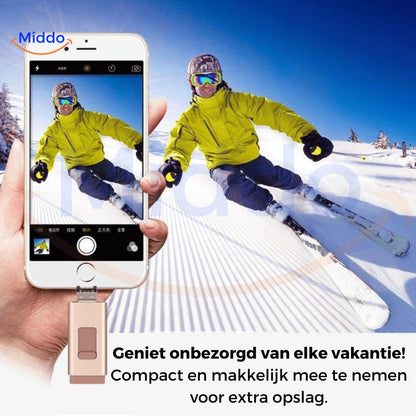 Telefoon vol? Los het op met de 4-in-1 Flashdrive (Elk Apparaat: USB-C, Lightning, USB-A & Micro-USB)