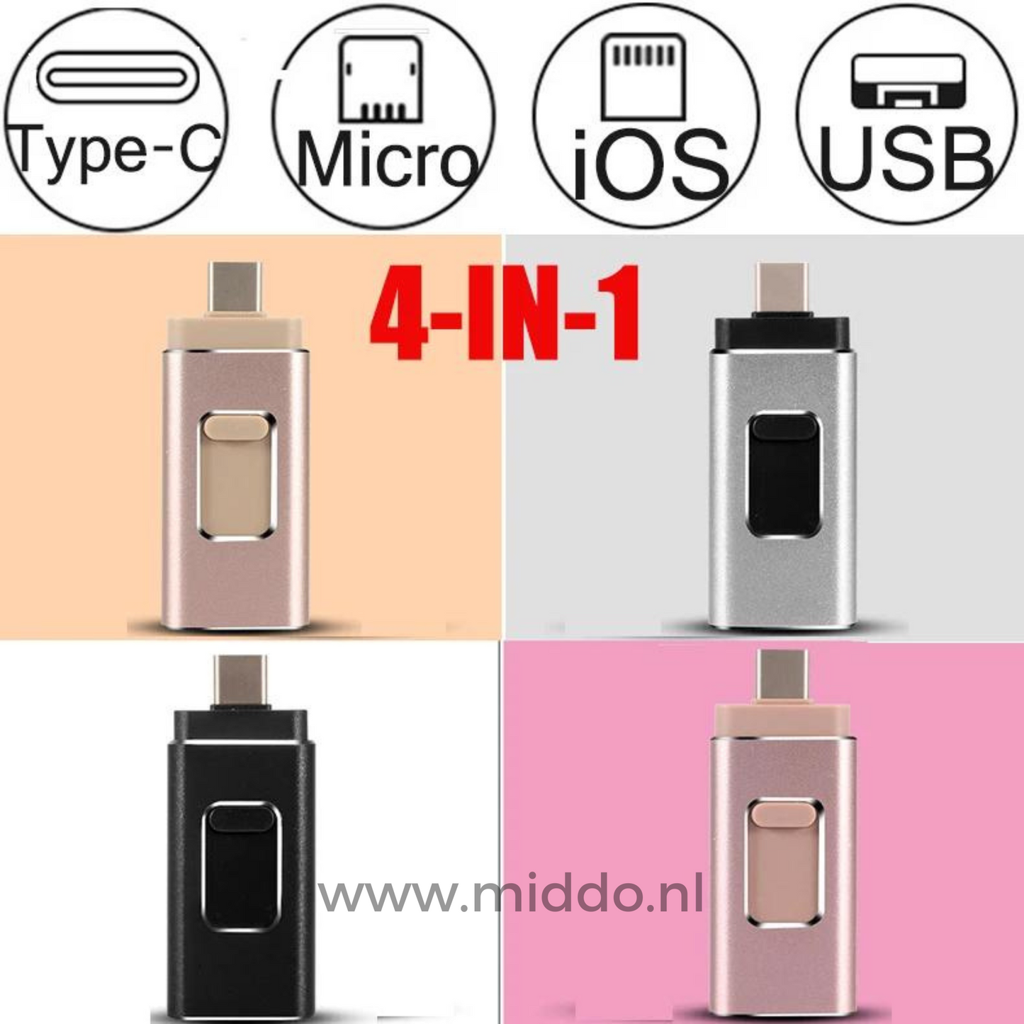Telefoon vol? Los het op met de 4-in-1 Flashdrive (Elk Apparaat: USB-C, Lightning, USB-A & Micro-USB)