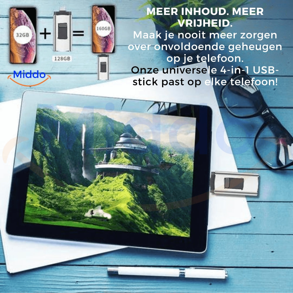 Telefoon vol? Los het op met de 4-in-1 Flashdrive (Elk Apparaat: USB-C, Lightning, USB-A & Micro-USB)