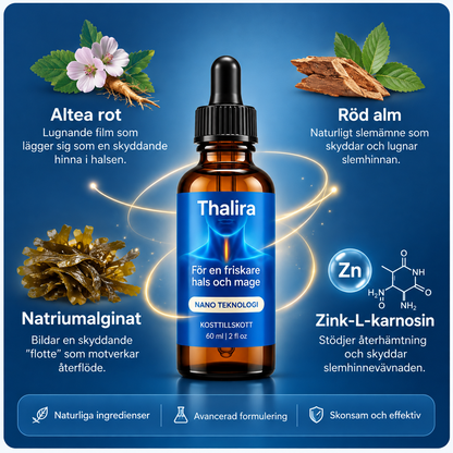 Thalira™ | Flytande formula för lugnare hals & behagligare kvällar