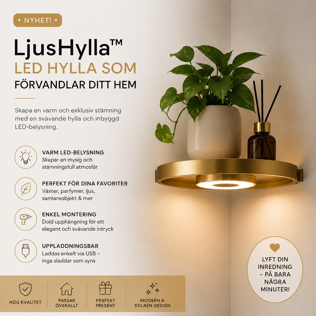 LjusHylla™ | Förvandla tomma väggar till en stilfull blickfångare med varm LED-belysning